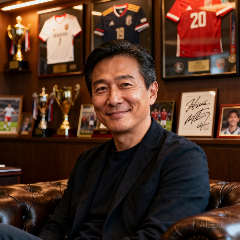 一位四十岁出头的男性创始人，穿着深色休闲西装坐在办公室的皮质沙发上，背景是一面挂满了体育纪念品的展示墙，他面带微笑，眼神中透露出沉稳与坚定，整体画面呈现温暖的侧光效果